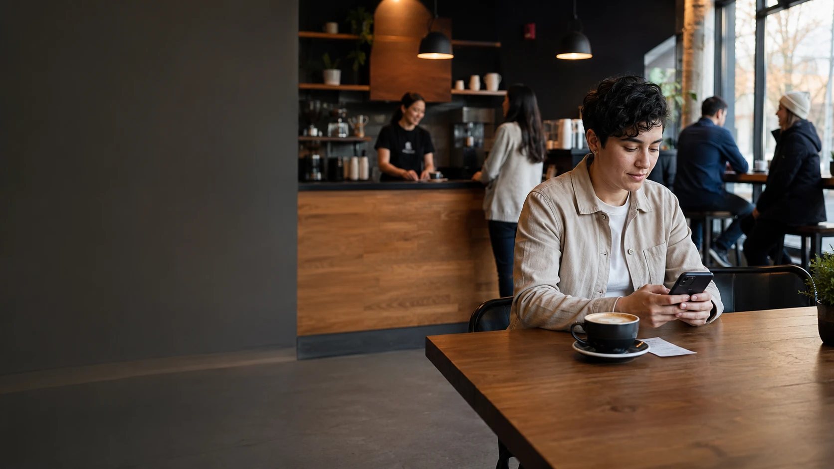 A customer using their phone in a busy independent cafe
